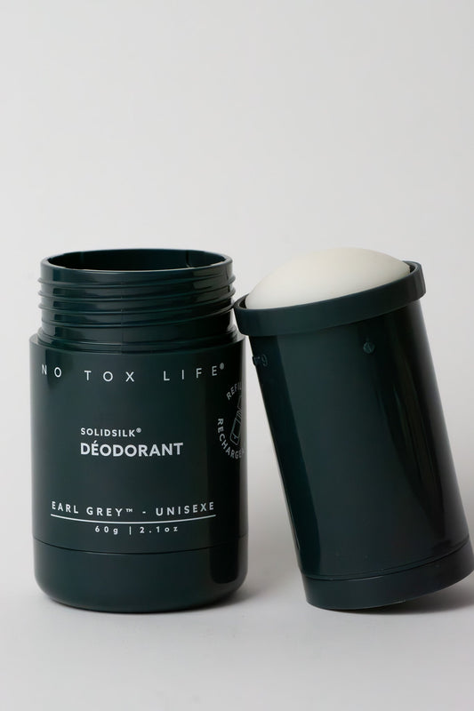 Refillable SOLIDSILK® Earl Grey deodorant stick by NO TOX LIFE, extra strength natural deodorant in a sleek container.