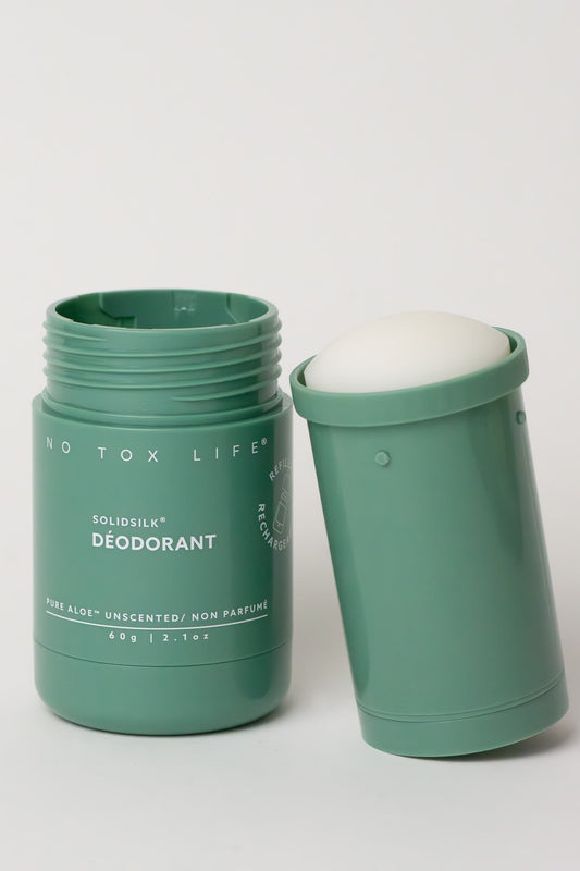 NO TOX LIFE SOLIDSILK refillable deodorant with pure aloe, fragrance-free, extra strength, natural deodorant for sensitive skin.