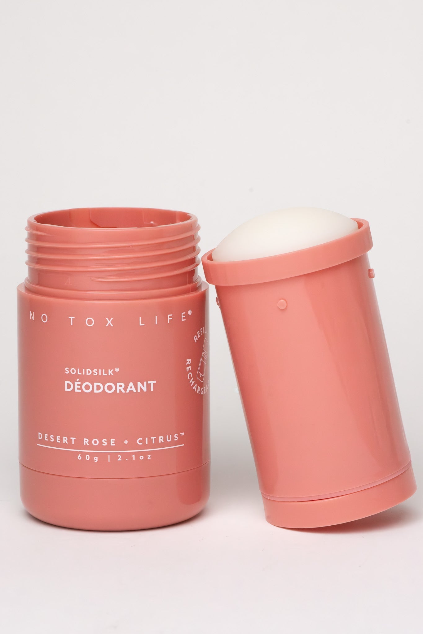Refillable SOLIDSILK® desert rose and citrus deodorant stick by NO TOX LIFE, showcasing sleek packaging and natural ingredients.