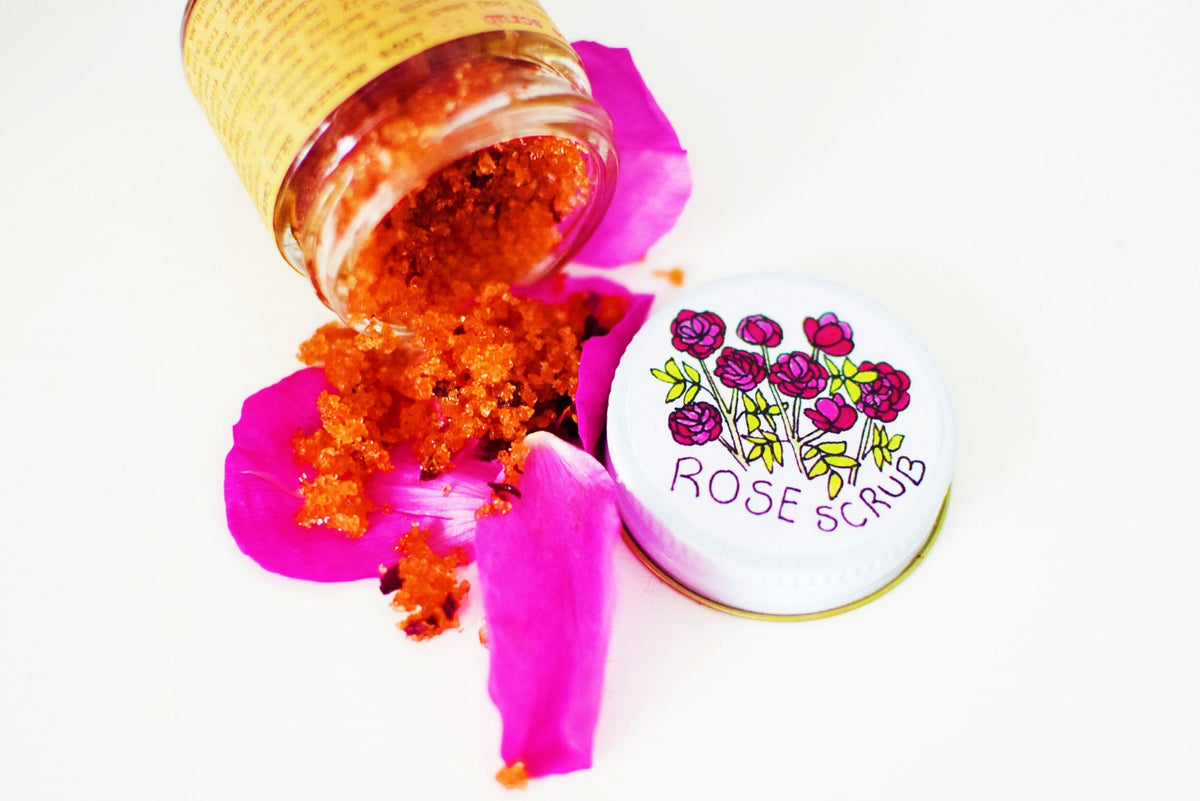 Plant Makeup Beach Rose Scrub jar with pink rose petals and natural exfoliant visible in a sleek container.