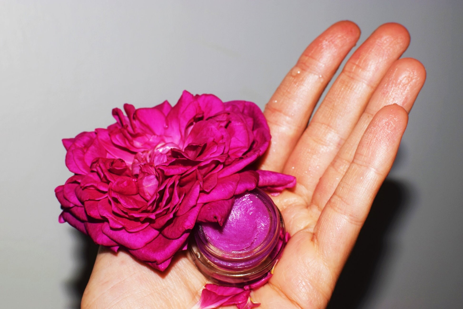 Dragon Fruit Lip Gloss by Plant Makeup displayed in a clear container with vibrant pink color and glossy finish.