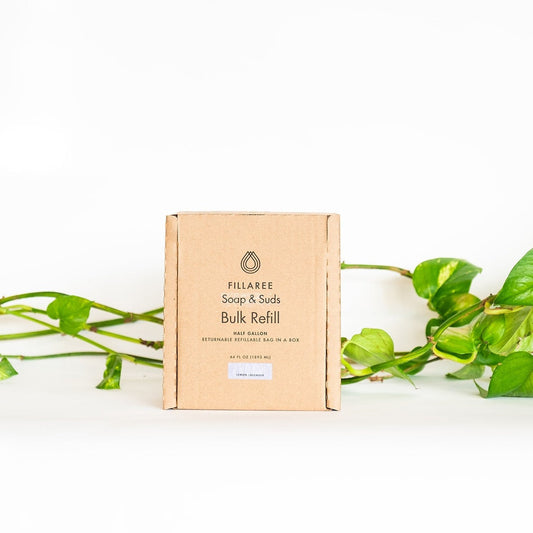 Fillaree Soap & Suds liquid hand soap refill in a clear bottle with white label, showing the product name and brand.