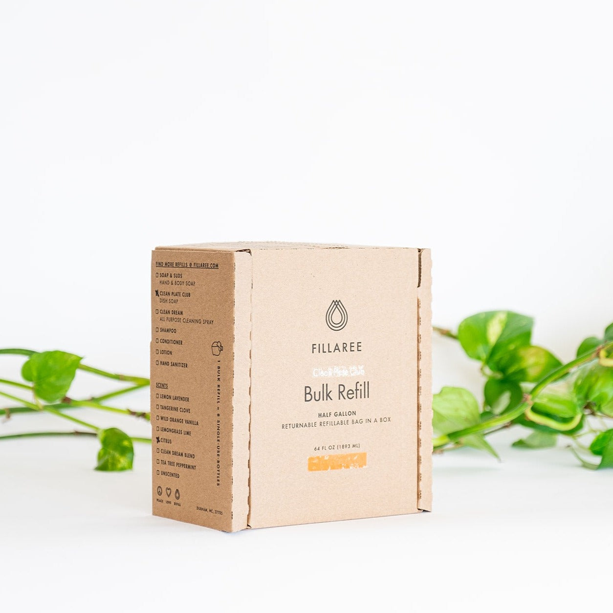 Fillaree dish soap refill bottle with natural citrus scent, designed for eco-friendly dishwashing in a home kitchen.