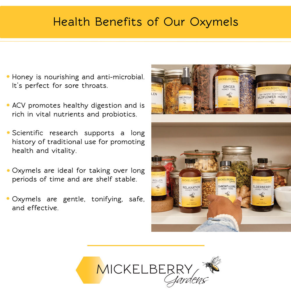 Bottle of Mickelberry Gardens Pollen Honey Tonic with honey, bee pollen, and herbal ingredients for daily wellness in a natural setting.