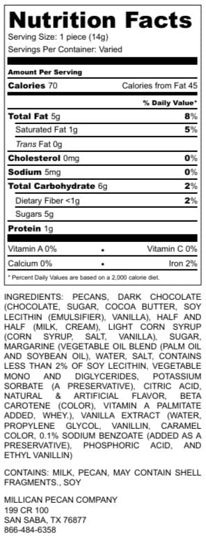 Dark chocolate Caramillicans pecan treats from Millican Pecan in a gift box, shown with nutritional label in the image.