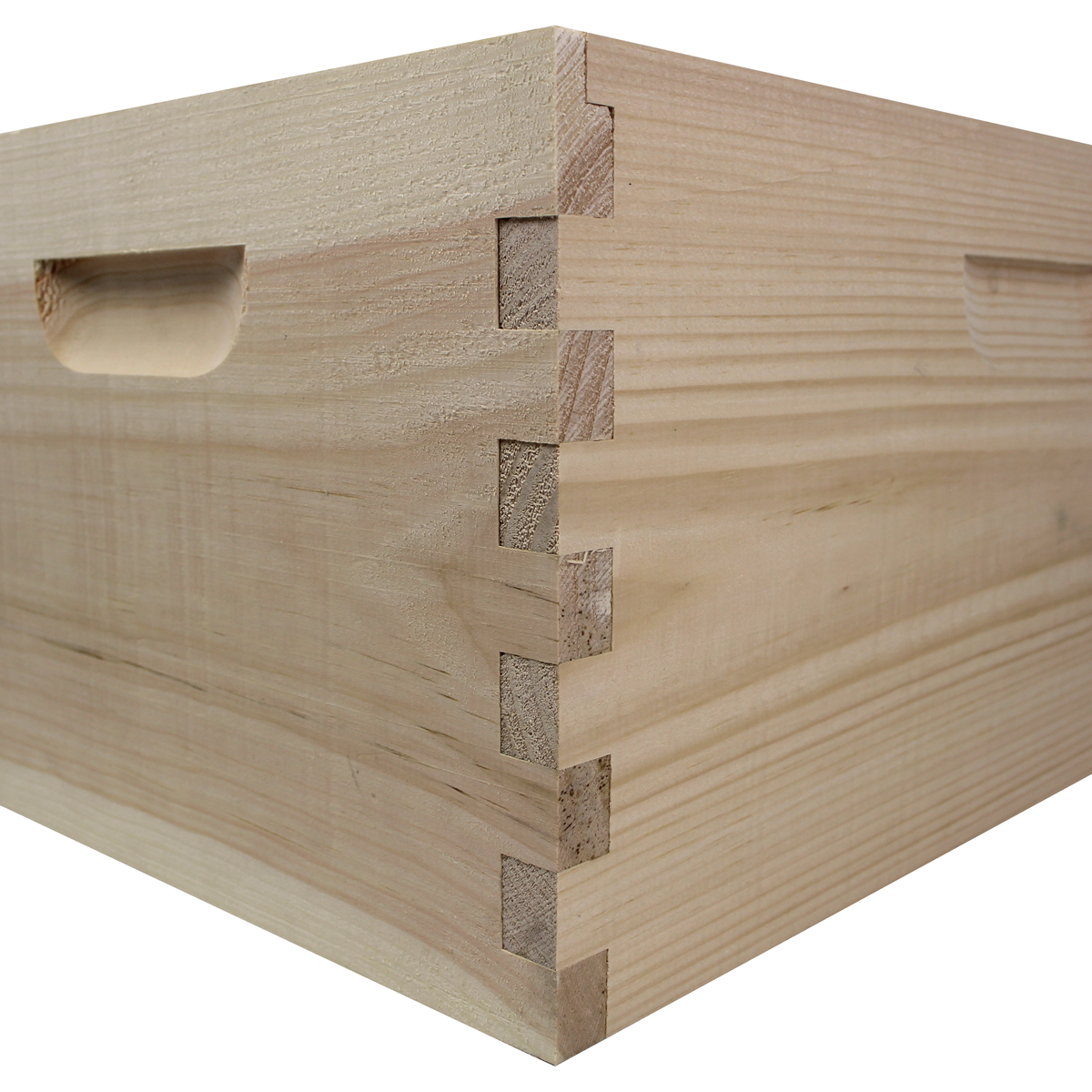 Close-up of Amish-made 8-frame beehive kit with finger-joint details, including deep and medium boxes with wax-coated foundations.