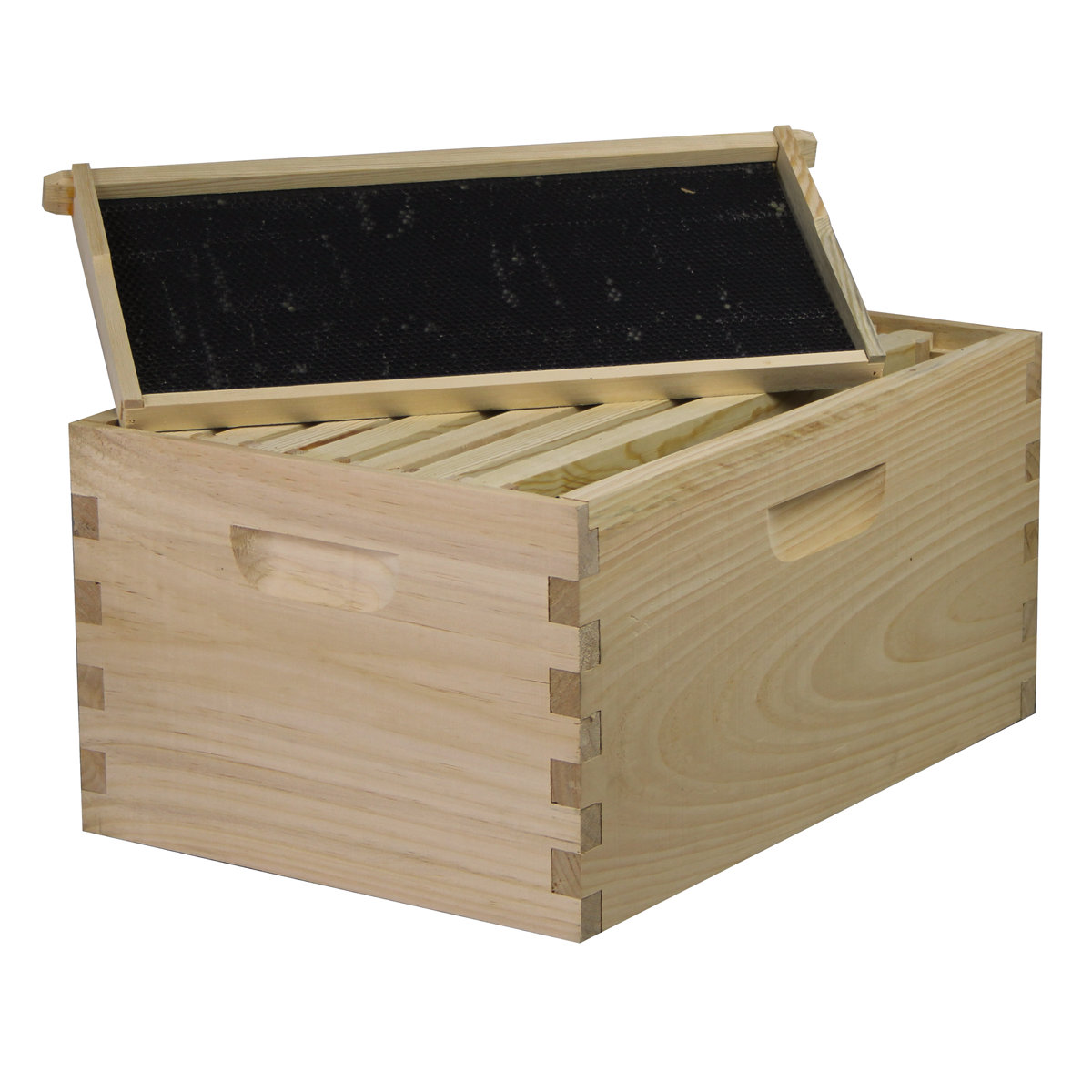 Unassembled 8-frame beehive kit with deep and medium boxes, frames, and wax-coated foundations, Amish-made by Galena Farms.