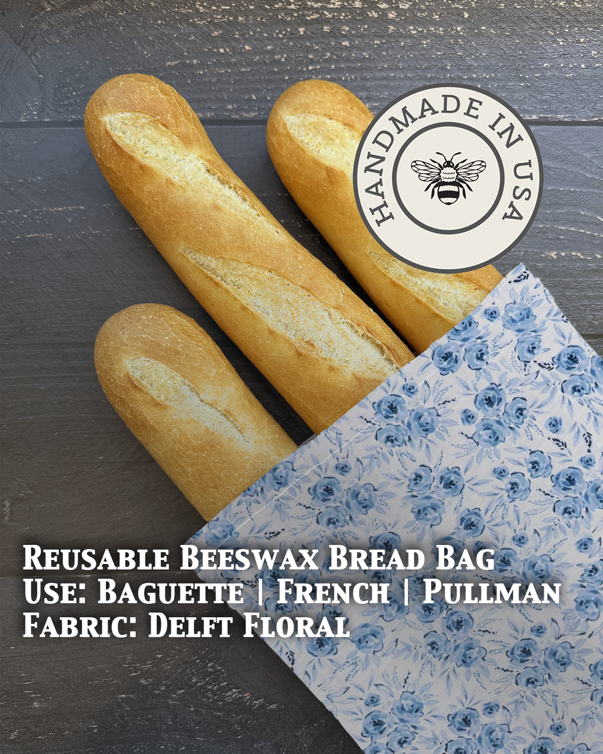 Beeswaxed Baguette Bag from Five Oaks Farm with Delft floral pattern, natural cotton material, and sturdy handles.