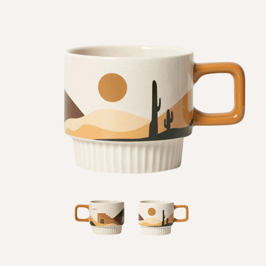 Handcrafted ceramic Desert Vibe artisanal mug with a tan desert scene design, by Tilley + Me.