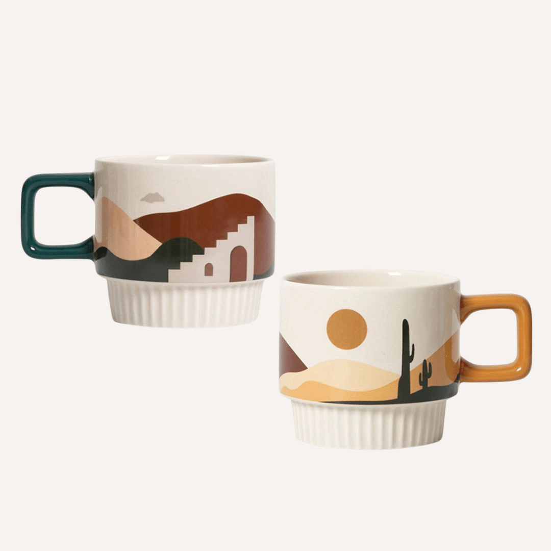 Handcrafted ceramic Desert Vibe artisanal mug with a tan background, featuring earthy desert-inspired design by Tilley + Me.