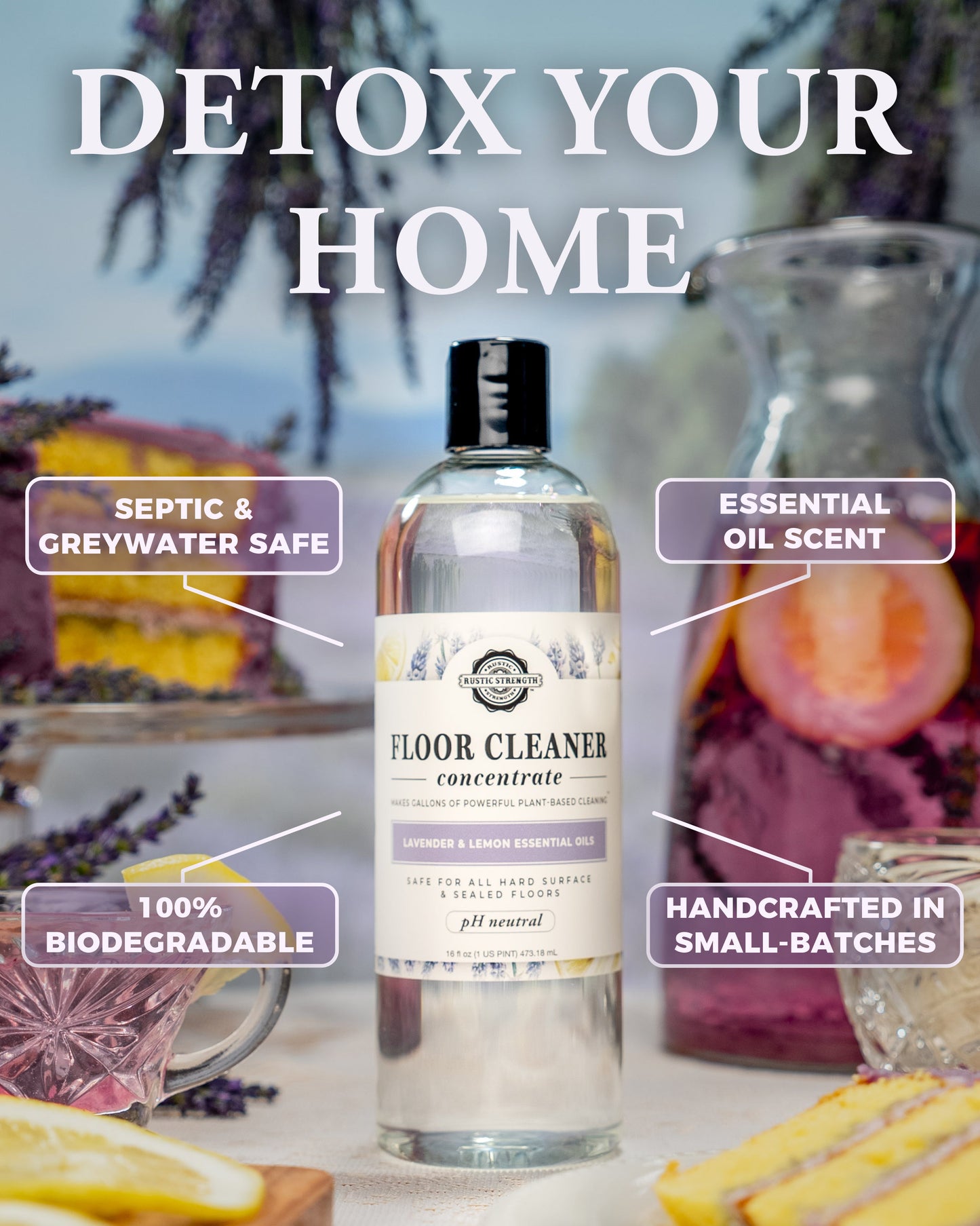 Rustic Strength lavender and lemon floor cleaner concentrate in a bottle, ready for mopping and deep cleaning floors.