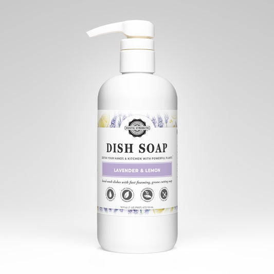 Rustic Strength lavender and lemon dish soap in a 16oz bottle, showcasing the eco-friendly cleaning liquid for kitchen use.