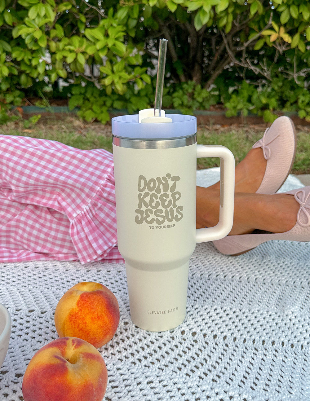 40 oz Tumbler by Elevated Faith with "Don't Keep Jesus to Yourself" design, featuring a stainless steel body and colorful print.