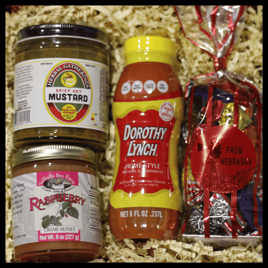 Nebraska’s Best Gift Basket by BuyNebraska.com with Dorothy Lynch and local treats, perfect for gifting from Nebraska Gift Shop