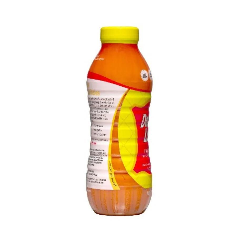 Homestyle Dorothy Lynch Salad Dressing in 16 oz bottle, gluten-free, shown in a clear container with fresh greens and vegetables.