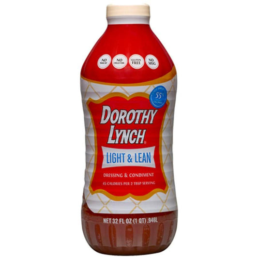 Light and Lean Dorothy Lynch Salad Dressing in 32 oz bottle, gluten-free food product with creamy, white dressing visible in the image.