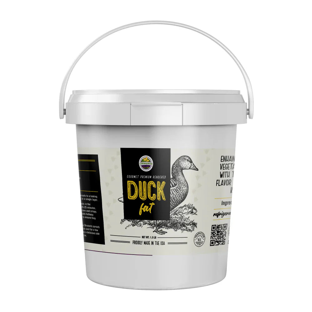 Rendered duck fat from Cornhusker Kitchen in a 1.5 lb package, gluten-free and non-GMO, shown in a clean, sealed container.