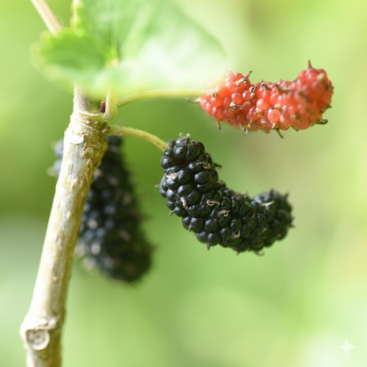 Dwarf Everbearing Mulberry tree by The Farm On Central with lush green leaves and ripe, dark mulberries.
