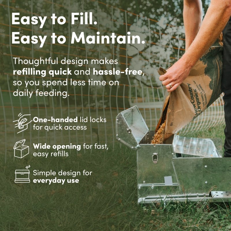 RentACoop automatic metal treadle feeder with 25lb capacity for poultry feeding and watering, featuring durable construction and secure lid.