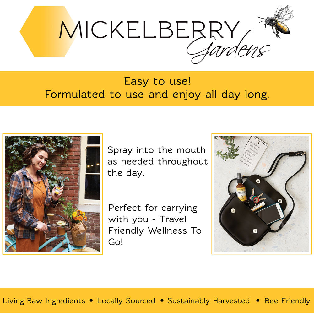 Elderberry immune support honey tonic spray from Mickelberry Gardens, featuring a clear bottle and natural elderberry ingredients.