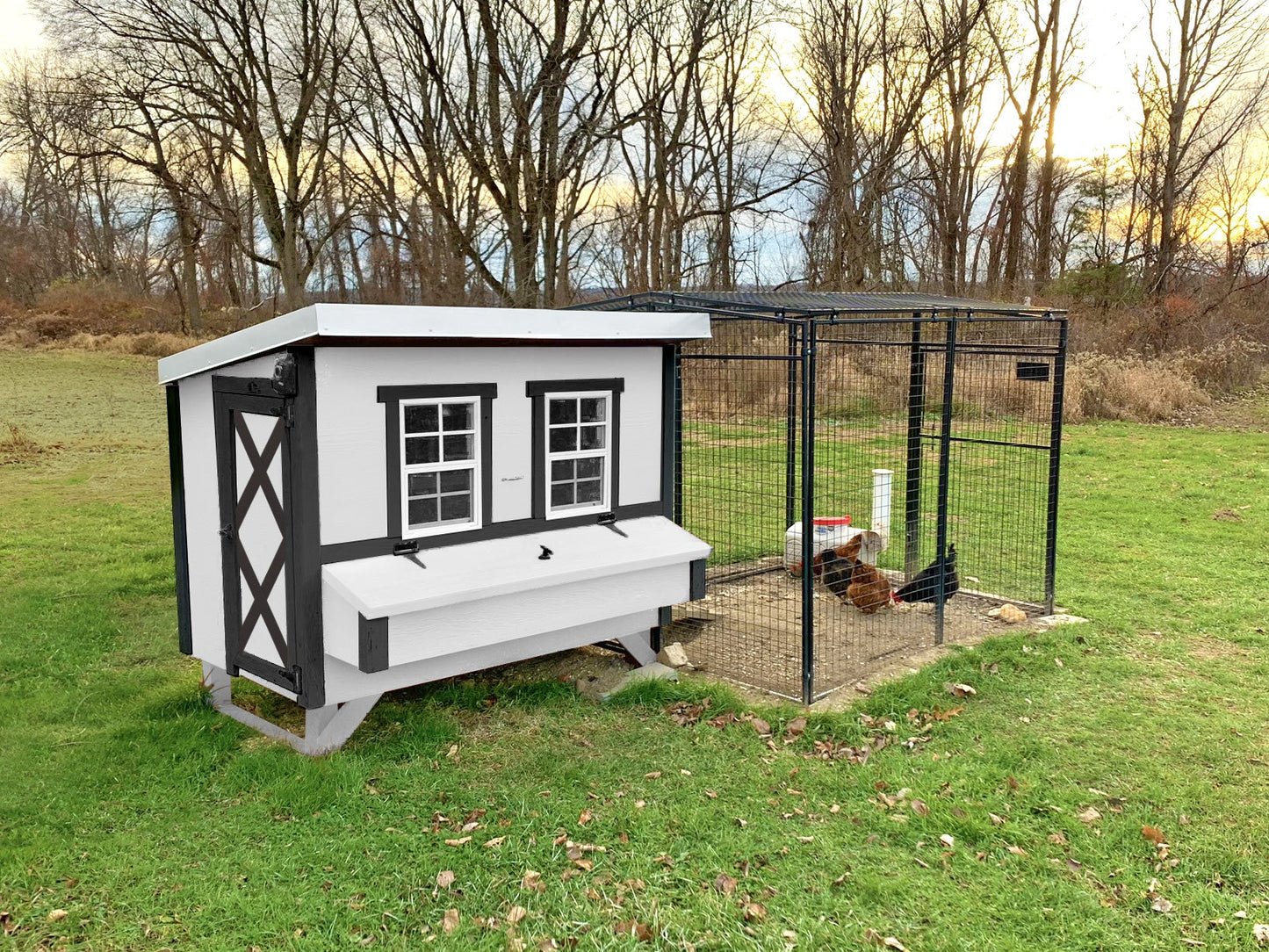 Large OverEZ Chicken Coop designed for up to 15 chickens, featuring a farmhouse style with spacious outdoor run and secure nesting boxes.