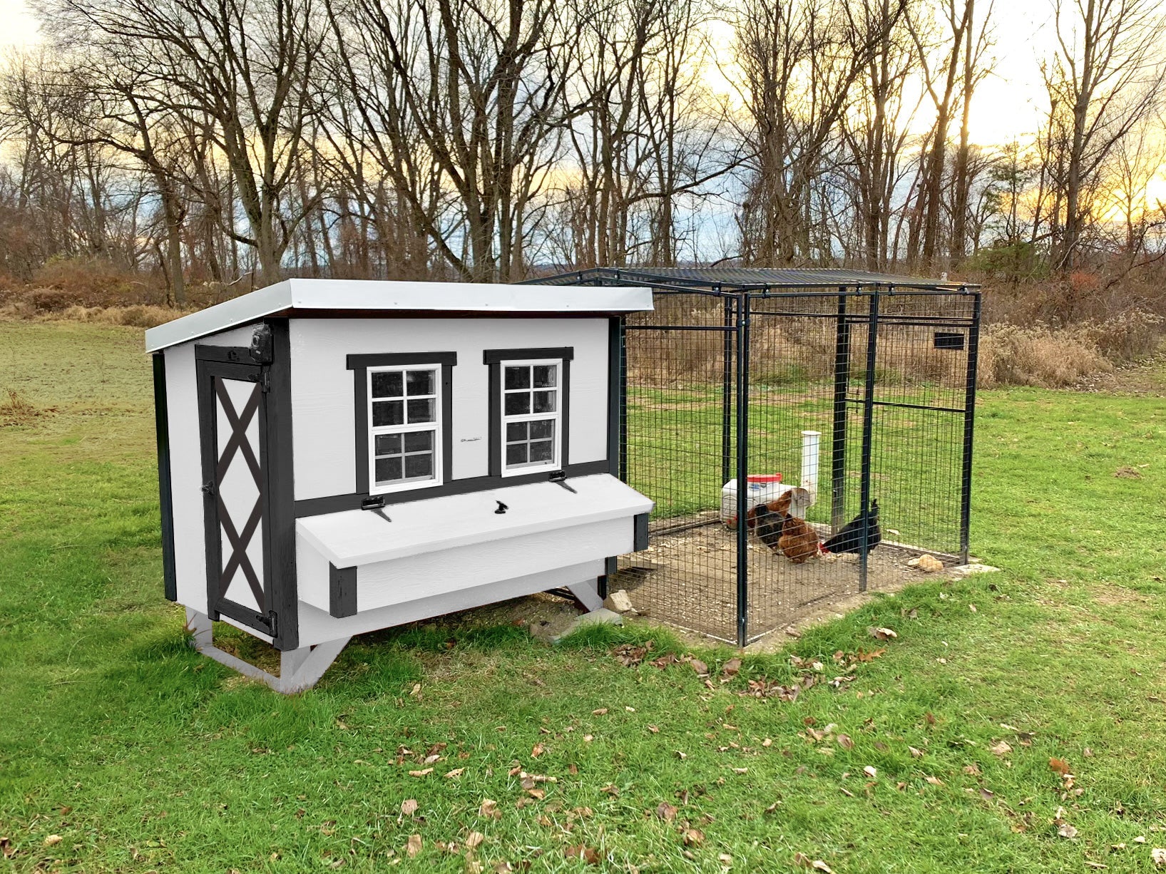 Large OverEZ Chicken Coop designed for up to 15 chickens, featuring a farmhouse style with spacious outdoor run and secure nesting boxes.