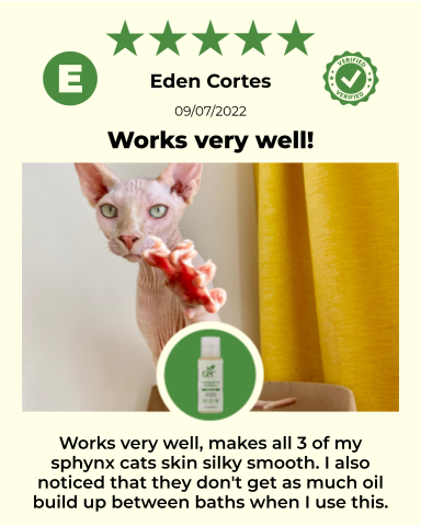 4-HAIRLESS PETS Sensitive Conditioner by ReNewedPet, gentle formula for pet skin and coat, shown in a product review graphic.