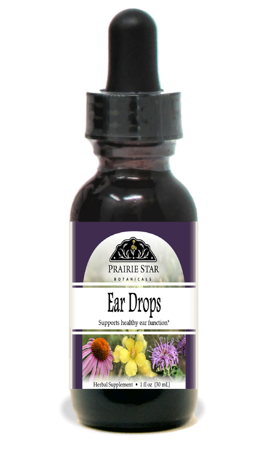 Prairie Star Botanicals ear drops in a 1 oz bottle, natural external ear care remedy with herbal ingredients.