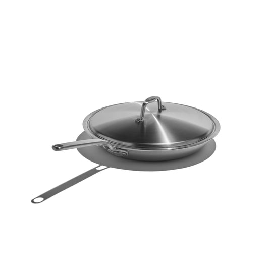 Heritage Steel 12-inch white fry pan with lid, durable cookware for versatile stovetop cooking and frying.