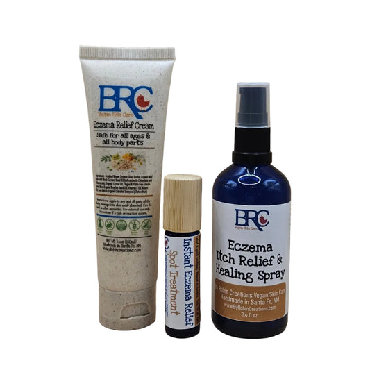 By Robin Creations eczema relief set with spot treatment oil, featuring soothing skin care products for eczema-prone skin.