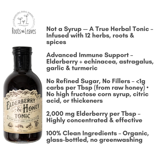 A bottle of Roots and Leaves LLC elderberry and honey tonic with fresh elderberries and honey in the background.