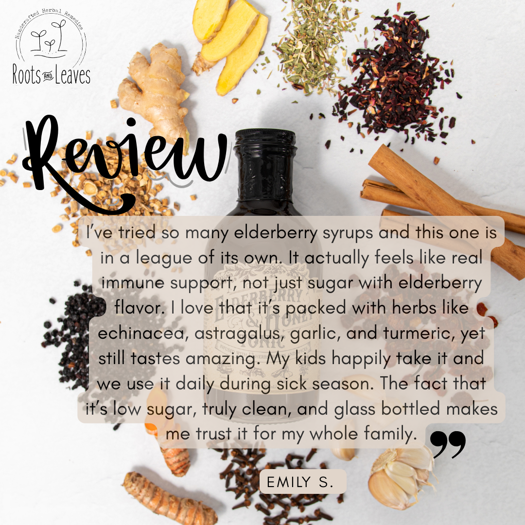 Bottle of Roots and Leaves LLC Elderberry and Honey Tonic with elderberries and honey in a glass jar.