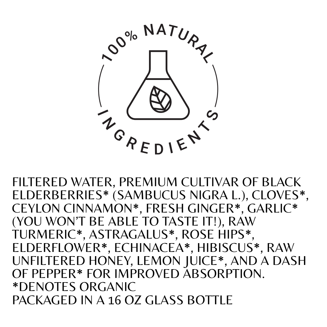 Elderberry and honey tonic by Roots and Leaves LLC in a clear glass bottle with a dark liquid and fresh elderberries.
