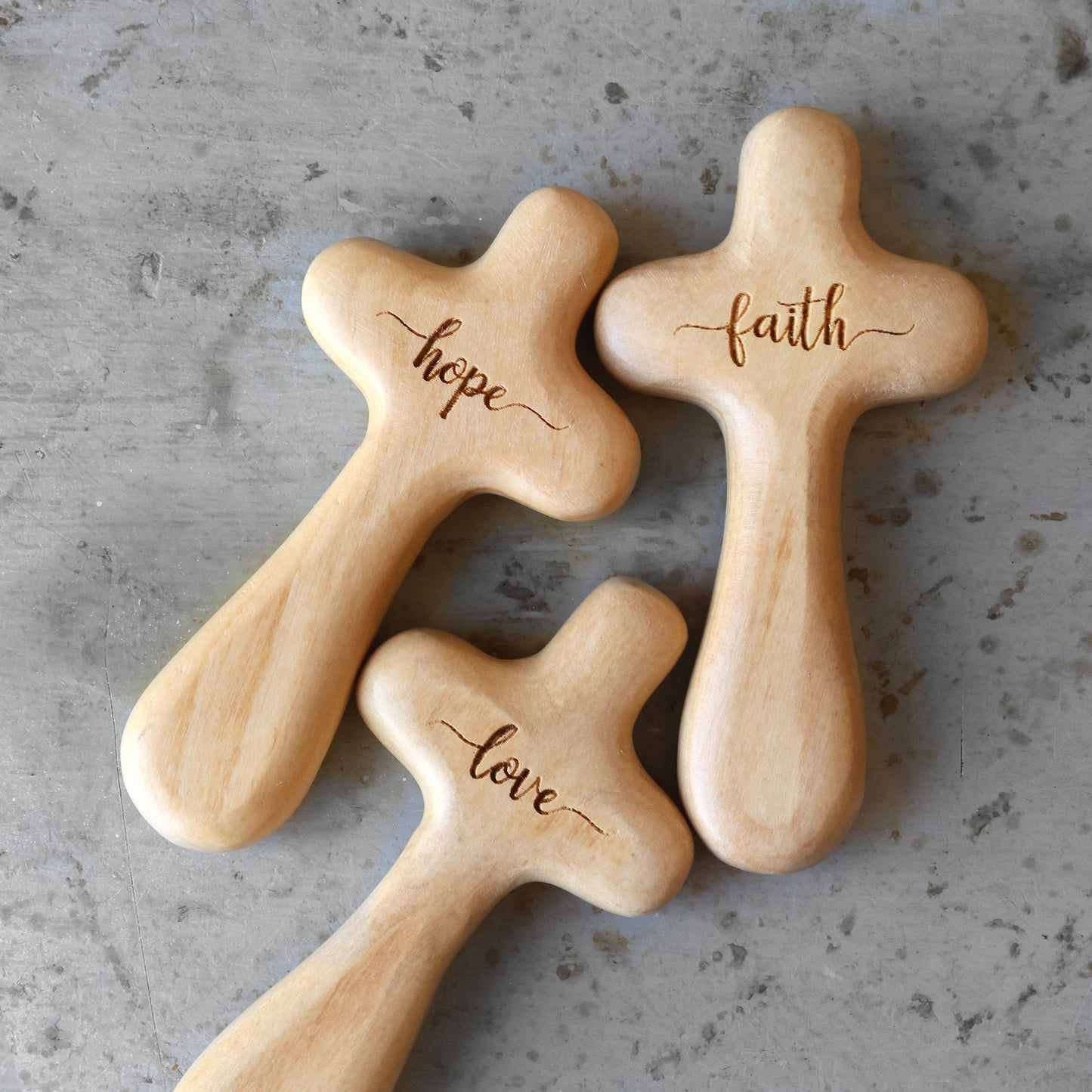 Wooden engraved prayer cross from Holy Land by Dennehey Design Co., featuring detailed religious inscriptions.