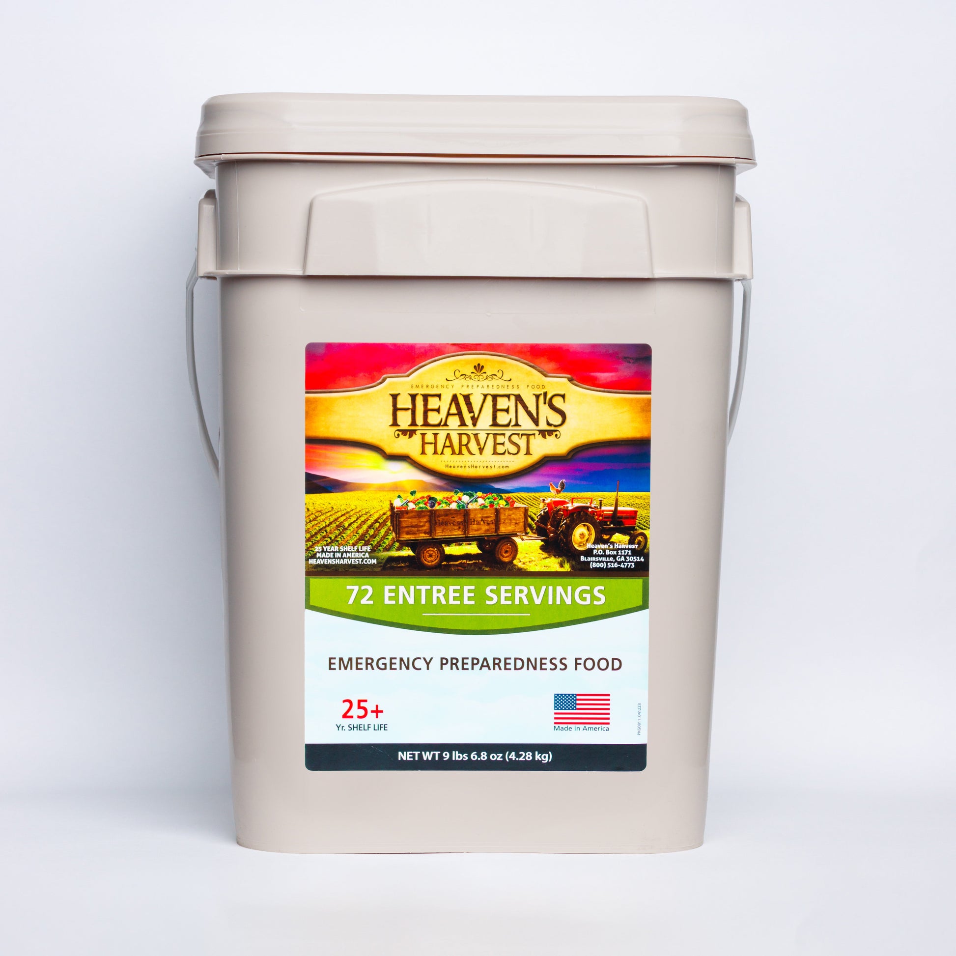 Heaven's Harvest Entree Bucket with 72 servings of emergency survival food for one person, designed for long-term preparedness.