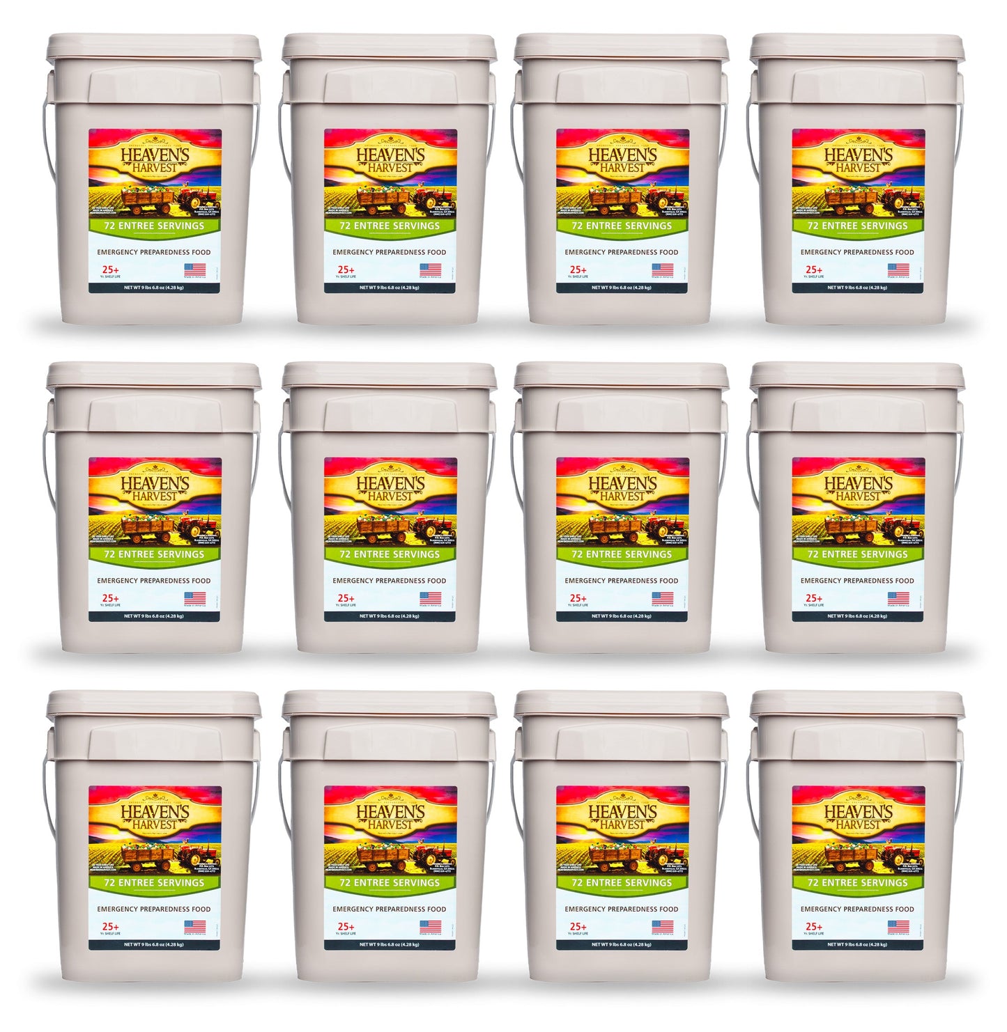 Heaven's Harvest Entree Bucket 12-pack emergency survival food kit with ready-to-eat meals in sealed containers.