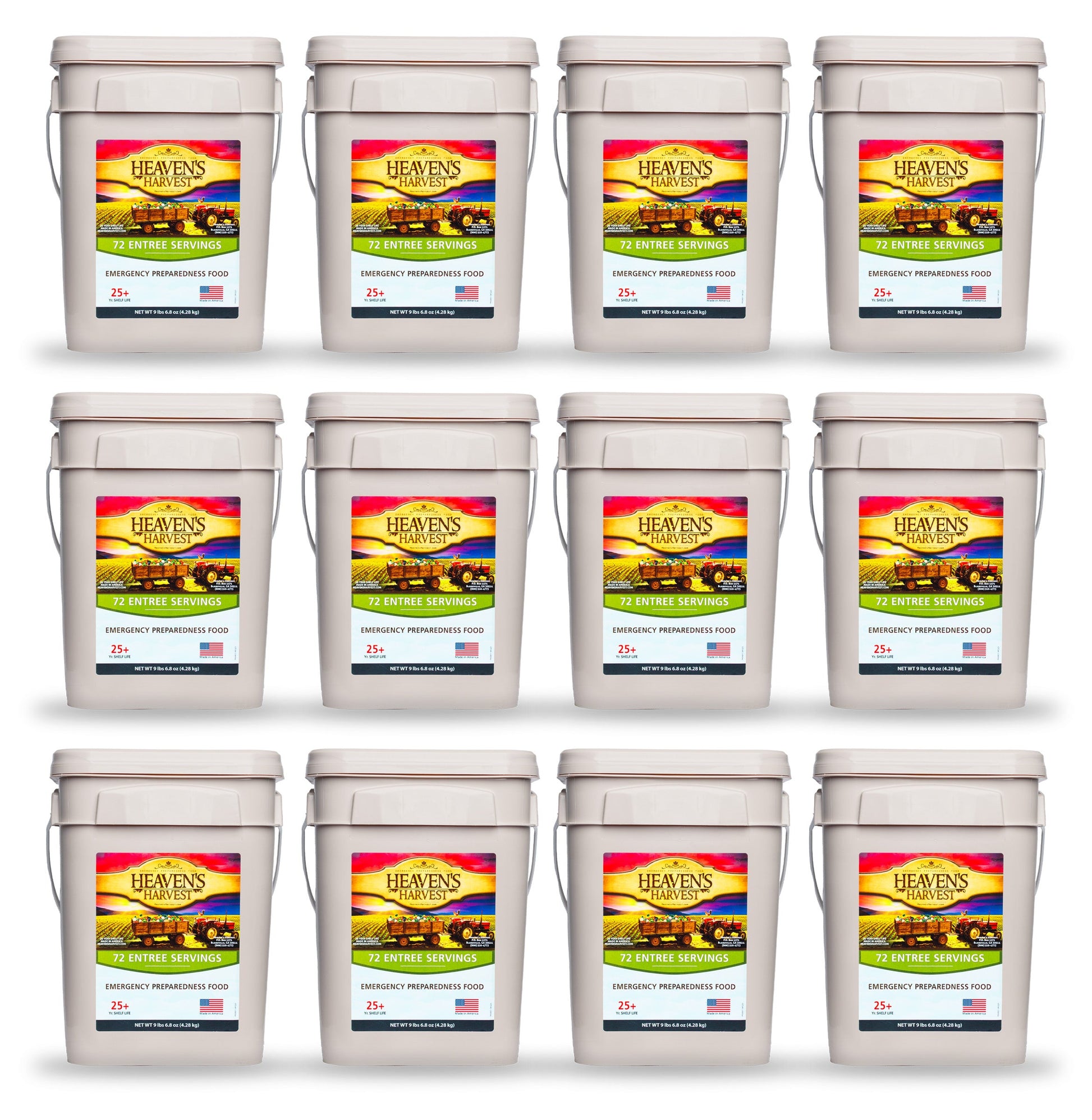 Heaven's Harvest Entree Bucket 12-pack emergency survival food kit with ready-to-eat meals in sealed containers.