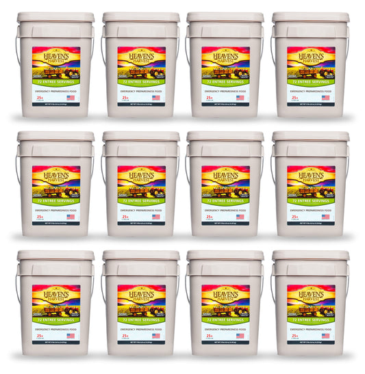 Heaven's Harvest Entree Bucket 12-pack emergency survival food kit with ready-to-eat meals in sealed containers.