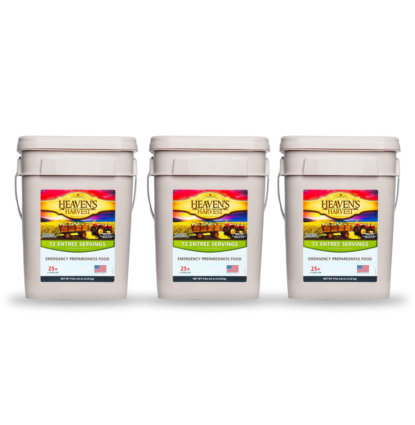 Heaven's Harvest Entree Bucket with 72 servings of emergency survival food for one person, designed for one-month supply.