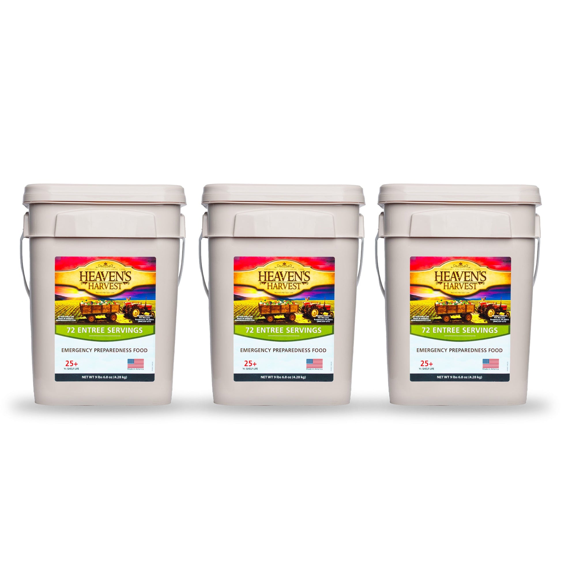 Heaven's Harvest Entree Bucket 3-pack emergency survival food kit with resealable pouches and labeled for easy identification.