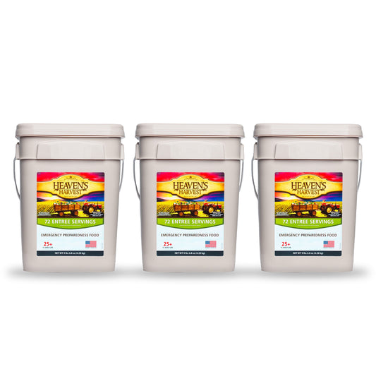 Heaven's Harvest Entree Bucket 3-pack emergency survival food kit with resealable pouches and labeled for easy identification.