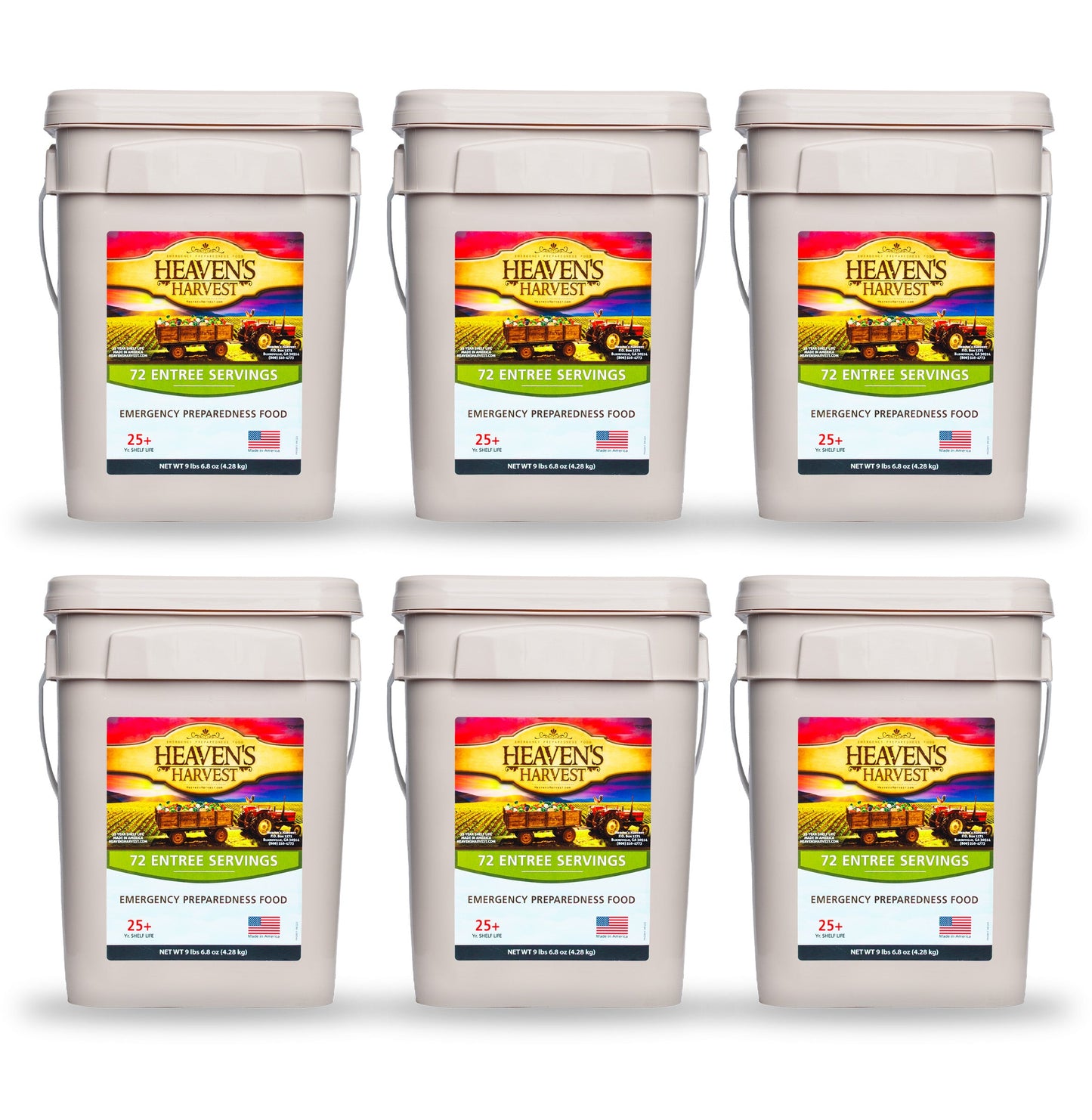 Six Heaven's Harvest Entree Bucket emergency survival food kits, featuring ready-to-eat meal containers in a 6-pack.
