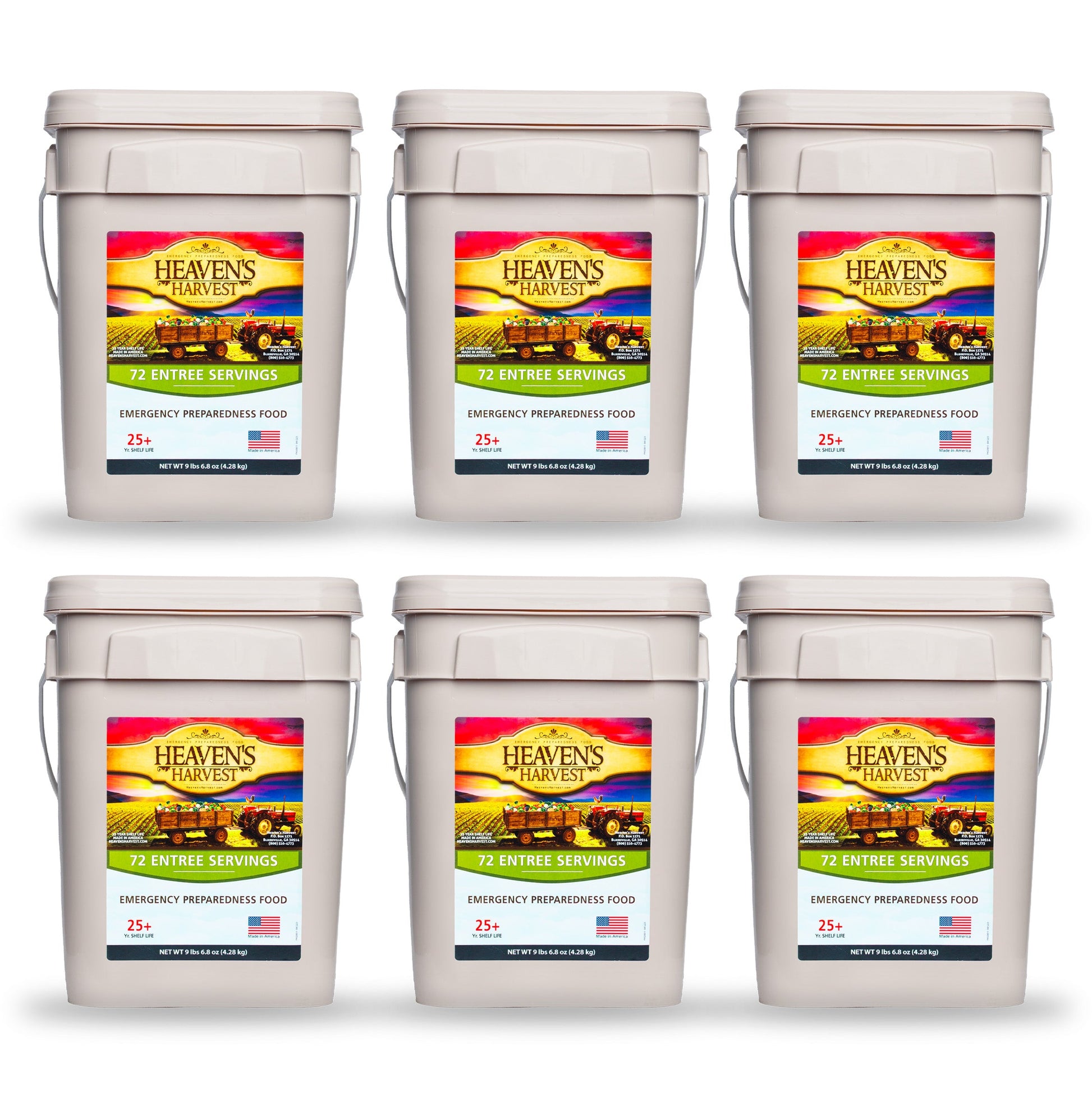 Six Heaven's Harvest Entree Bucket emergency survival food kits, featuring ready-to-eat meal containers in a 6-pack.