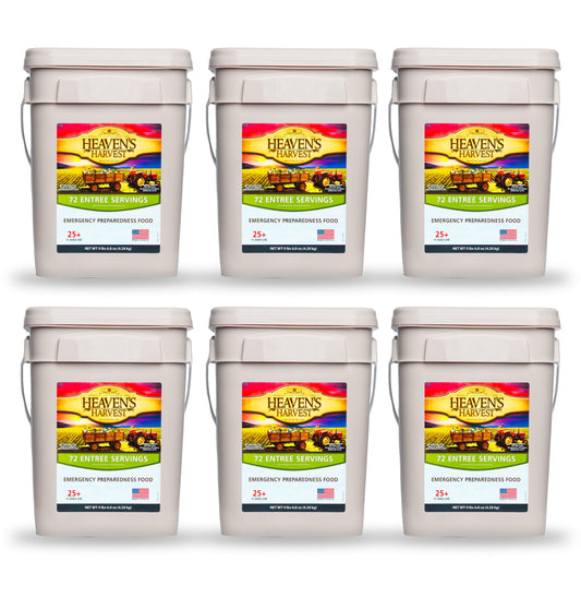 Six Heaven's Harvest Entree Bucket emergency survival food kits, featuring ready-to-eat meal containers in a 6-pack.
