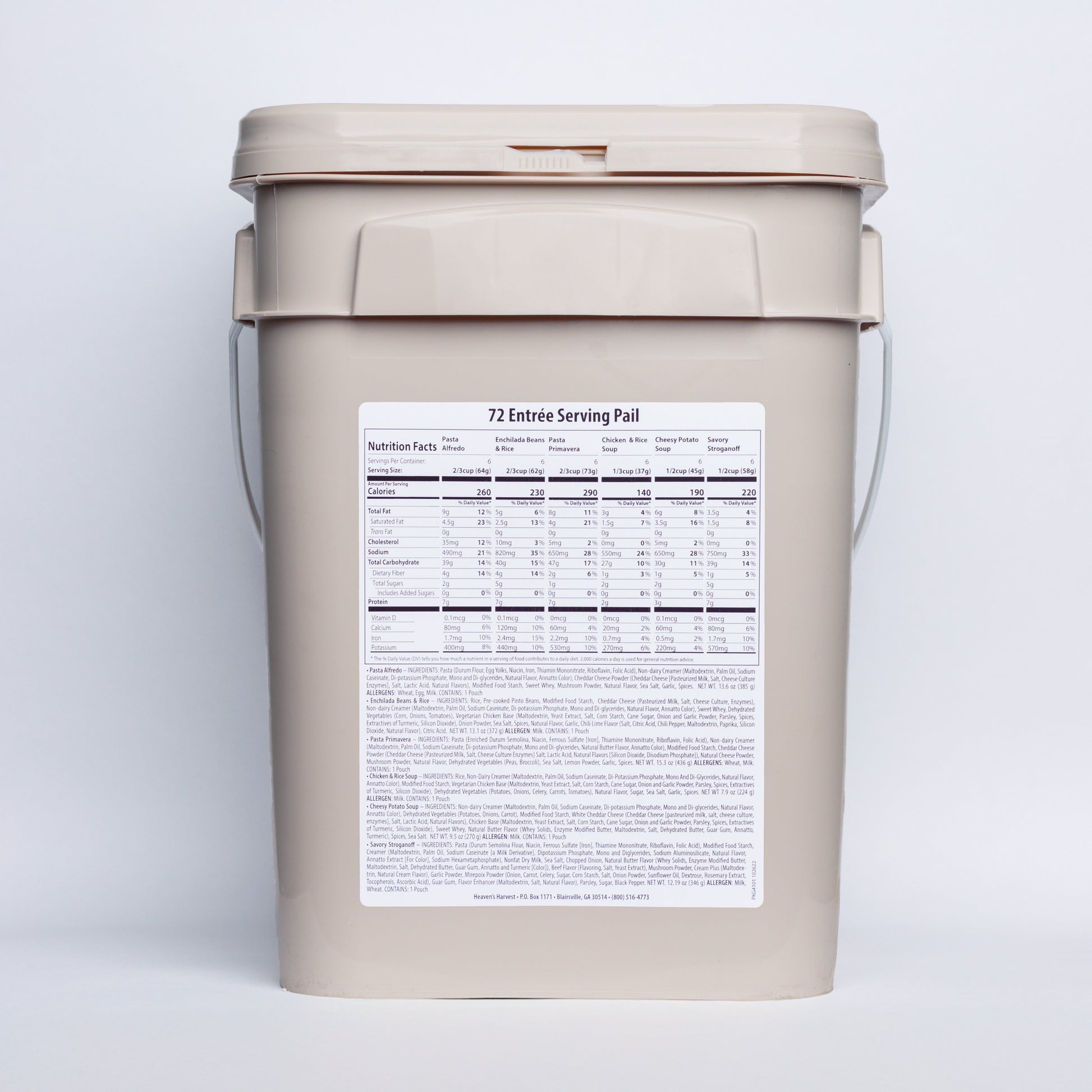 Heaven's Harvest Entree Bucket with 72 servings of emergency survival food for one person, shown with the lid open.