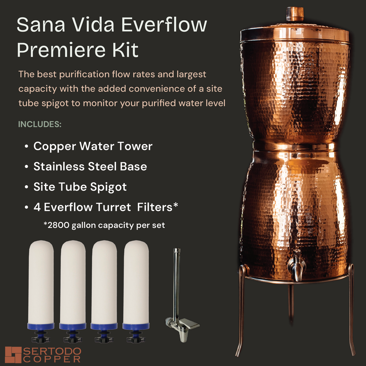 Sertodo Everflow premium copper water dispenser with filtration system, showcasing sleek design and durable copper construction.