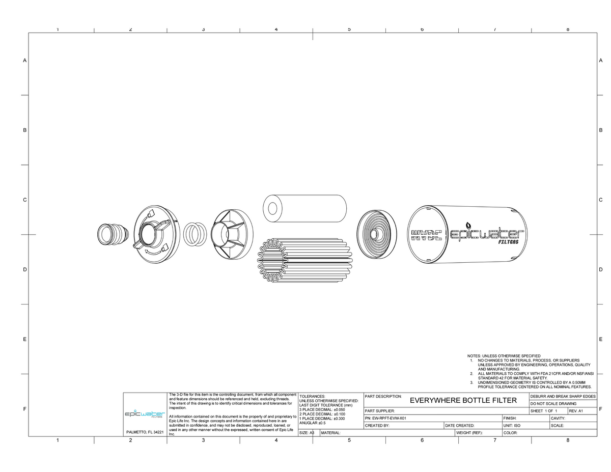 Exploded view of Epic Water Filters USA Everywhere Bottle filter replacement cartridge showing internal components and filter structure.