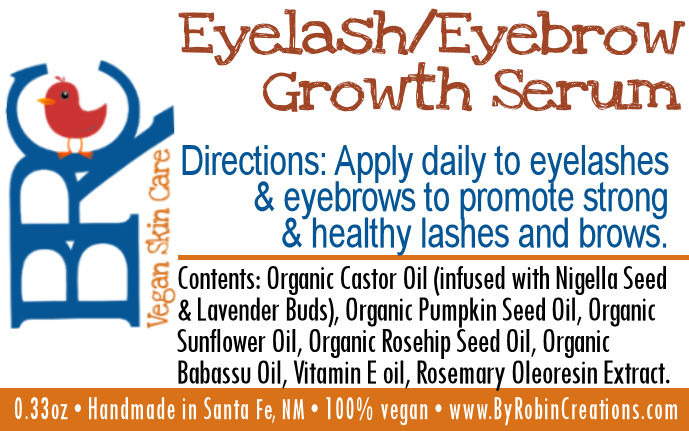 By Robin Creations eyelash and eyebrow growth serum in a sleek tube, designed to enhance lash and brow length and fullness.