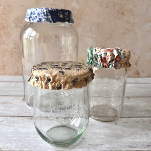 Farm-style jar covers from Five Oaks Farm, featuring rustic designs for preserving and decorating jars.