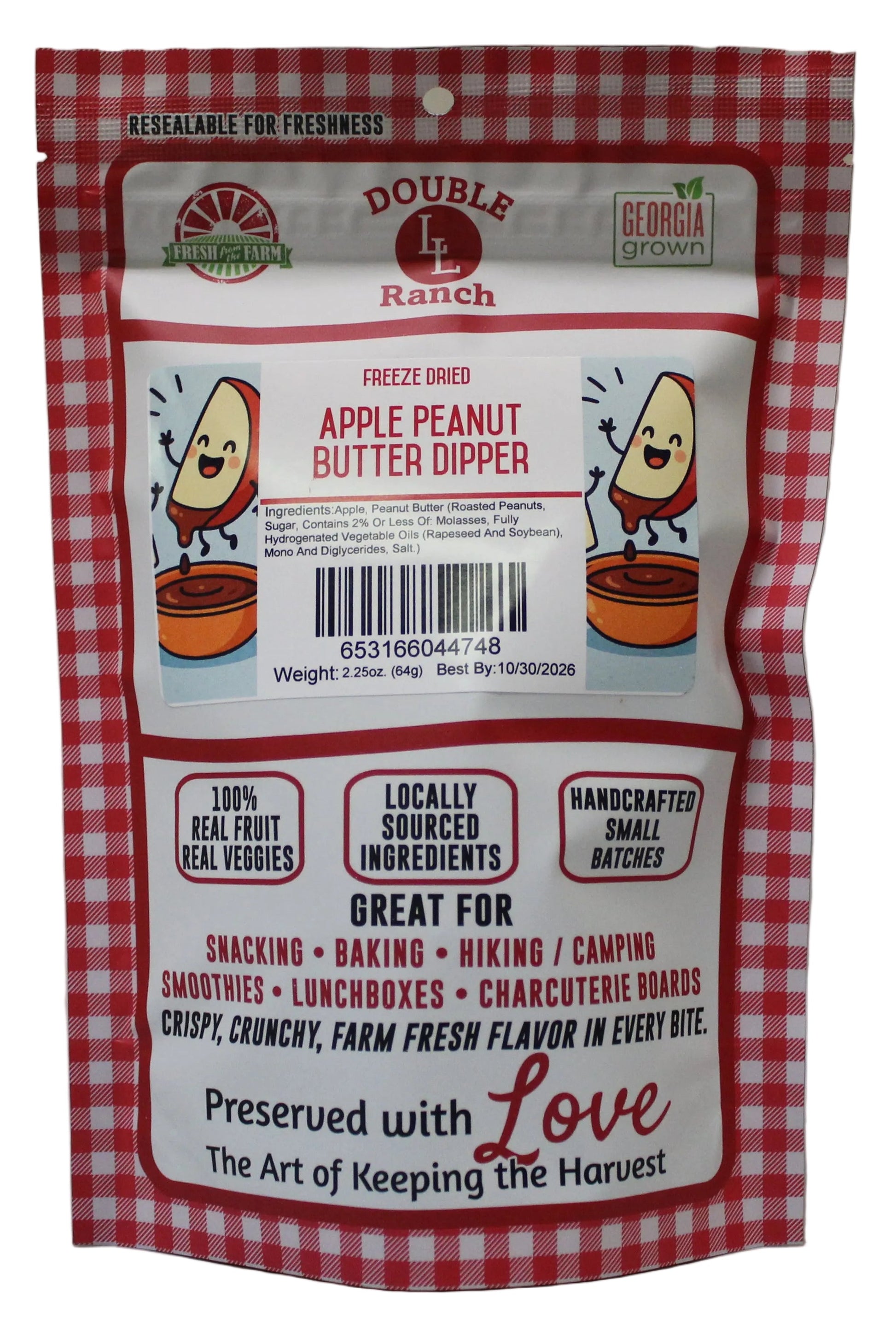 Freeze-dried apple peanut butter dippers by Double L Ranch, showing crispy snack pieces with a peanut butter coating.